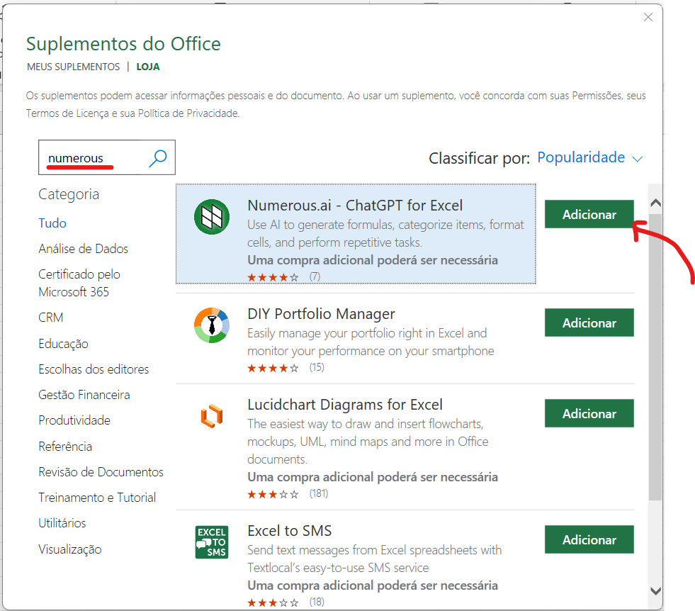 como instalar o suplementou numerous ai no excel - suplementos do office
